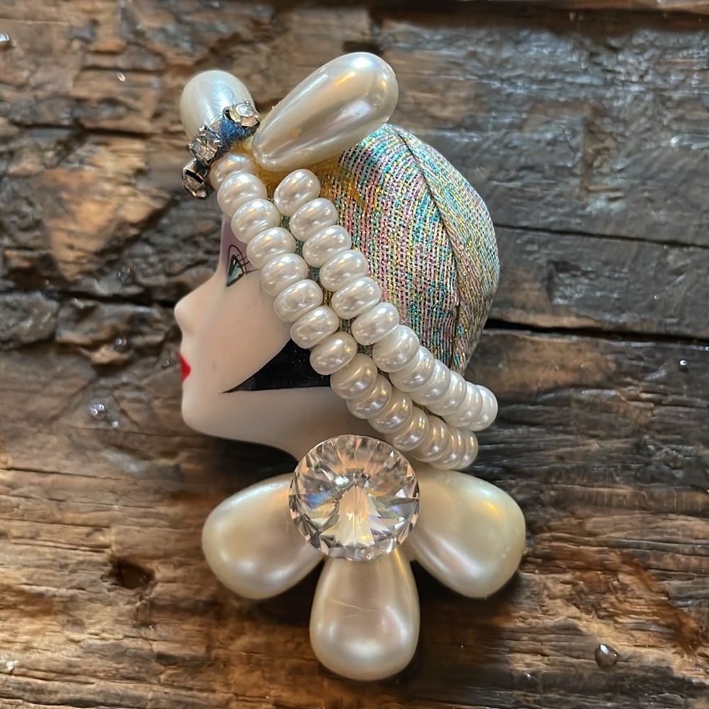 Vintage Pearl and Crystal Flapper porcelain doll face Brooch pin